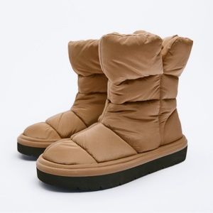 NEW ZARA Tan Quilted Puffy Low Heel Ankle Boots
